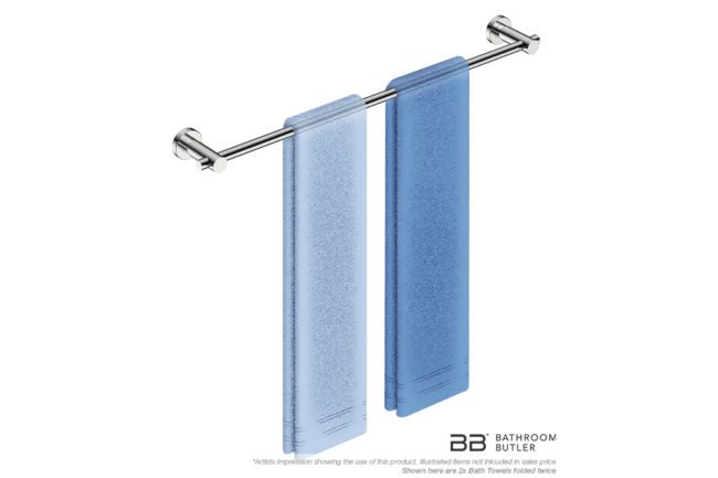 Single Towel Bar 650mm 4872 with artists impression of two double folded bath towels - Bathroom Butler